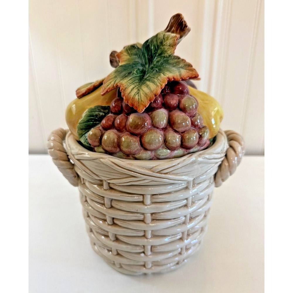 Fitz And Floyd Country Gourmet Biscuit Jar Fruit Basket Cookie Lidded With Box